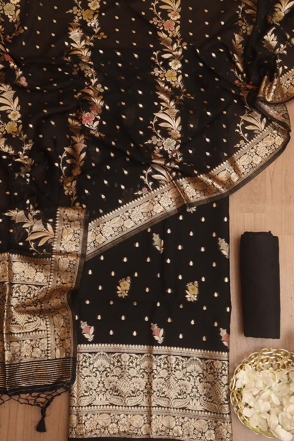 Black Banarasi Organza Silk Three Piece Unstitched Suit Set - Luxurion World