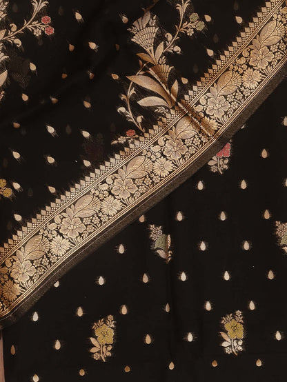 Black Banarasi Organza Silk Three Piece Unstitched Suit Set - Luxurion World