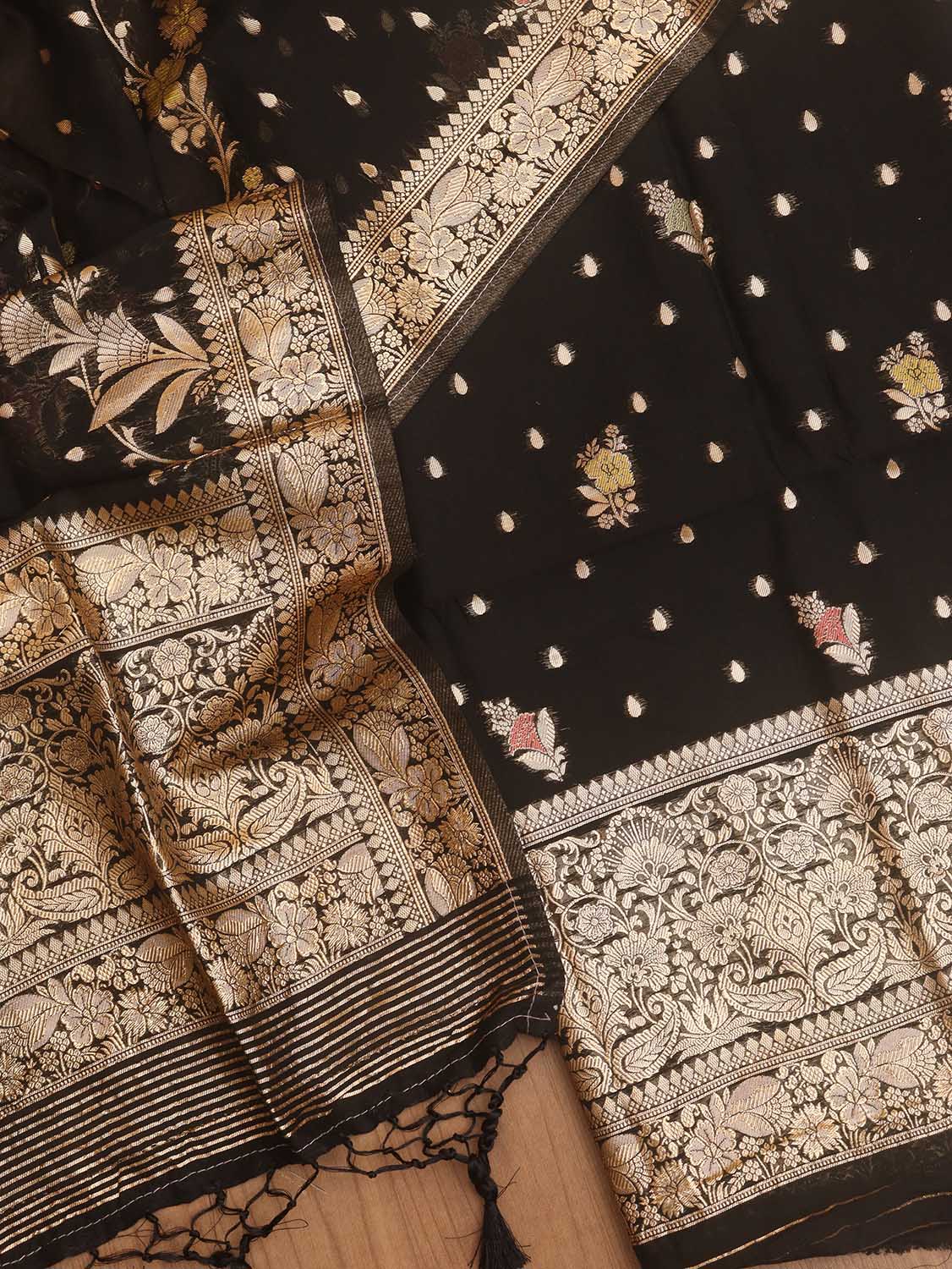 Black Banarasi Organza Silk Three Piece Unstitched Suit Set - Luxurion World