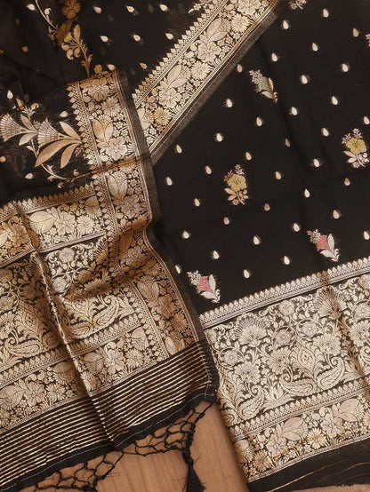 Black Banarasi Organza Silk Three Piece Unstitched Suit Set - Luxurion World