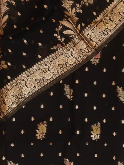 Black Banarasi Organza Silk Three Piece Unstitched Suit Set - Luxurion World