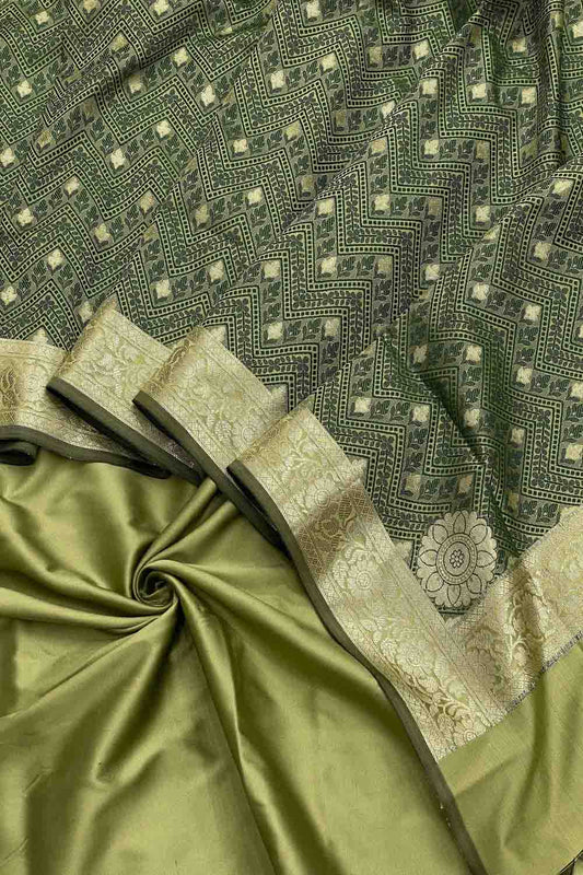 Green Banarasi Silk Dupatta & Unstitched Suit - Luxurion World
