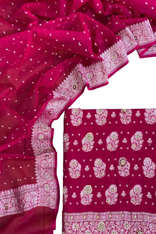 Elegant Pink Banarasi Chiffon Suit With Zardozi Work