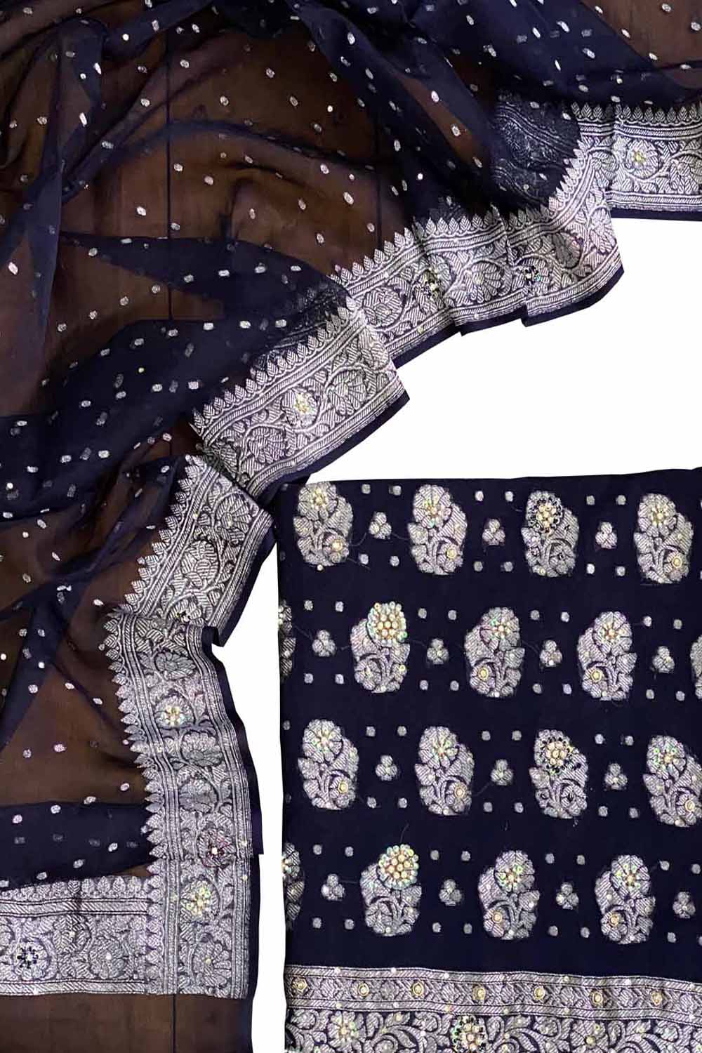 Elegant Blue Banarasi Chiffon Suit With Zardozi Work - Luxurion World