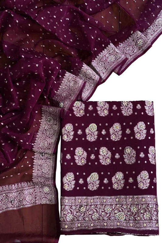 Elegant Purple Banarasi Chiffon Suit With Zardozi Work