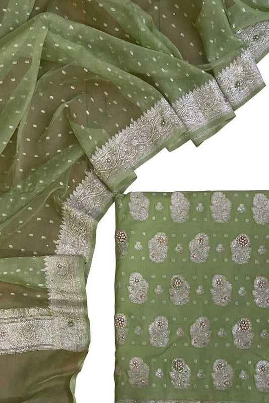Elegant Green Banarasi Chiffon Suit with Zardozi Work