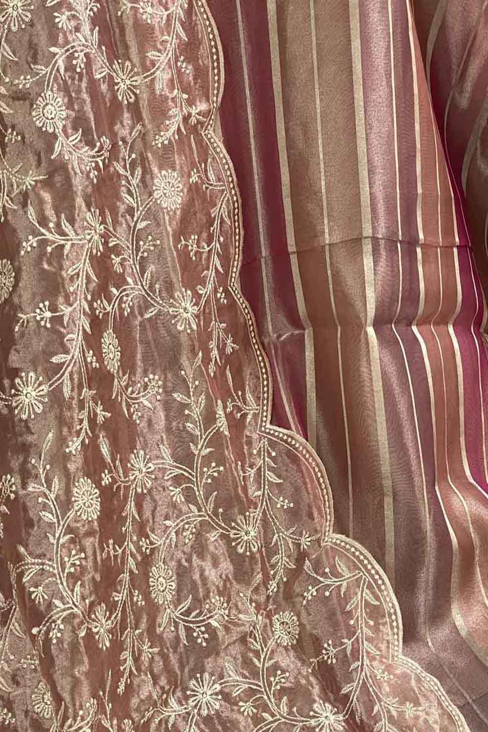 Banarasi Russian Tissue Suit with Mirror Embroidery, Burberry Dupatta & Upada Bottom