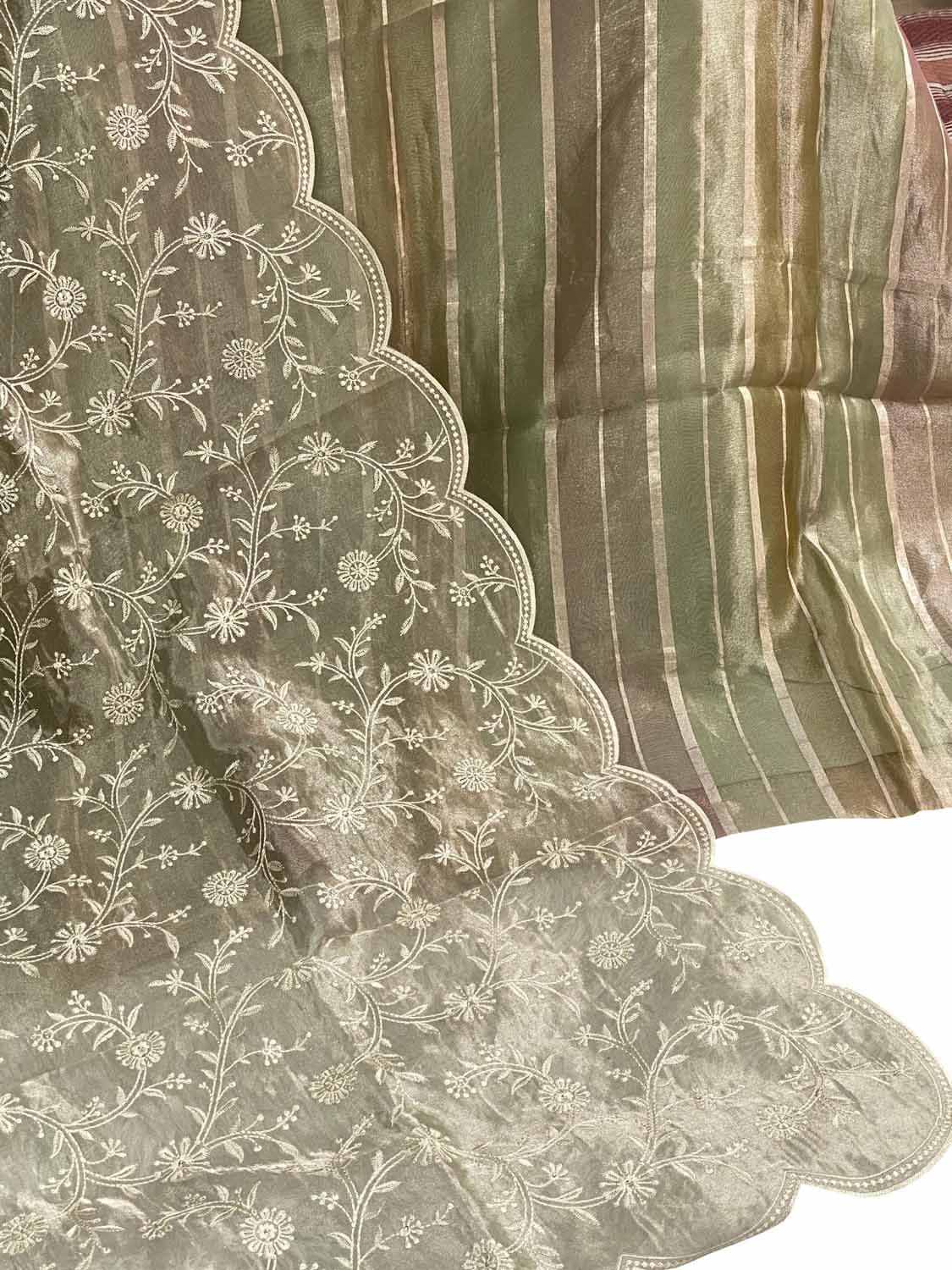 Green Banarasi Pure Rangkat Tissue Suit With Embroidered Tissue Dupatta - Luxurion World