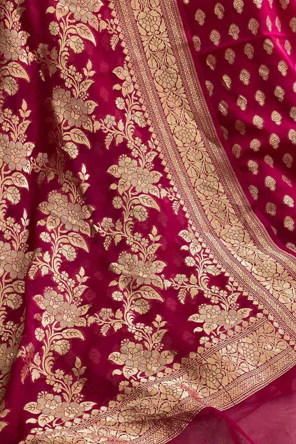 Pretty in Pink: Banarasi Handloom Pure Georgette Unstitched Suit Set - Luxurion World