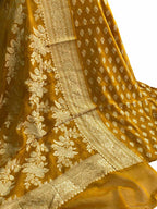 Yellow Banarasi Handloom Pure Georgette Unstitched Suit Set - Luxurion World
