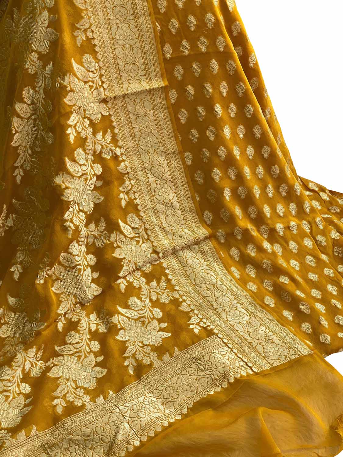 Yellow Banarasi Handloom Pure Georgette Unstitched Suit Set - Luxurion World