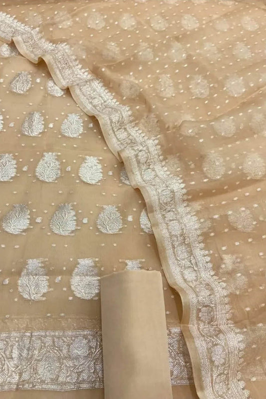 Pastel Banarasi Handloom Chiffon Suit Set - Three Piece Unstitched - Luxurion World