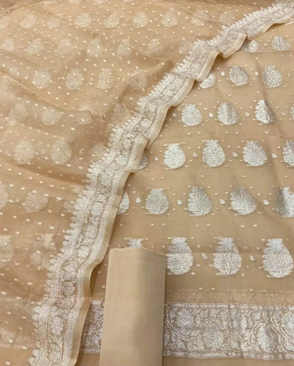 Pastel Banarasi Handloom Chiffon Suit Set - Three Piece Unstitched - Luxurion World