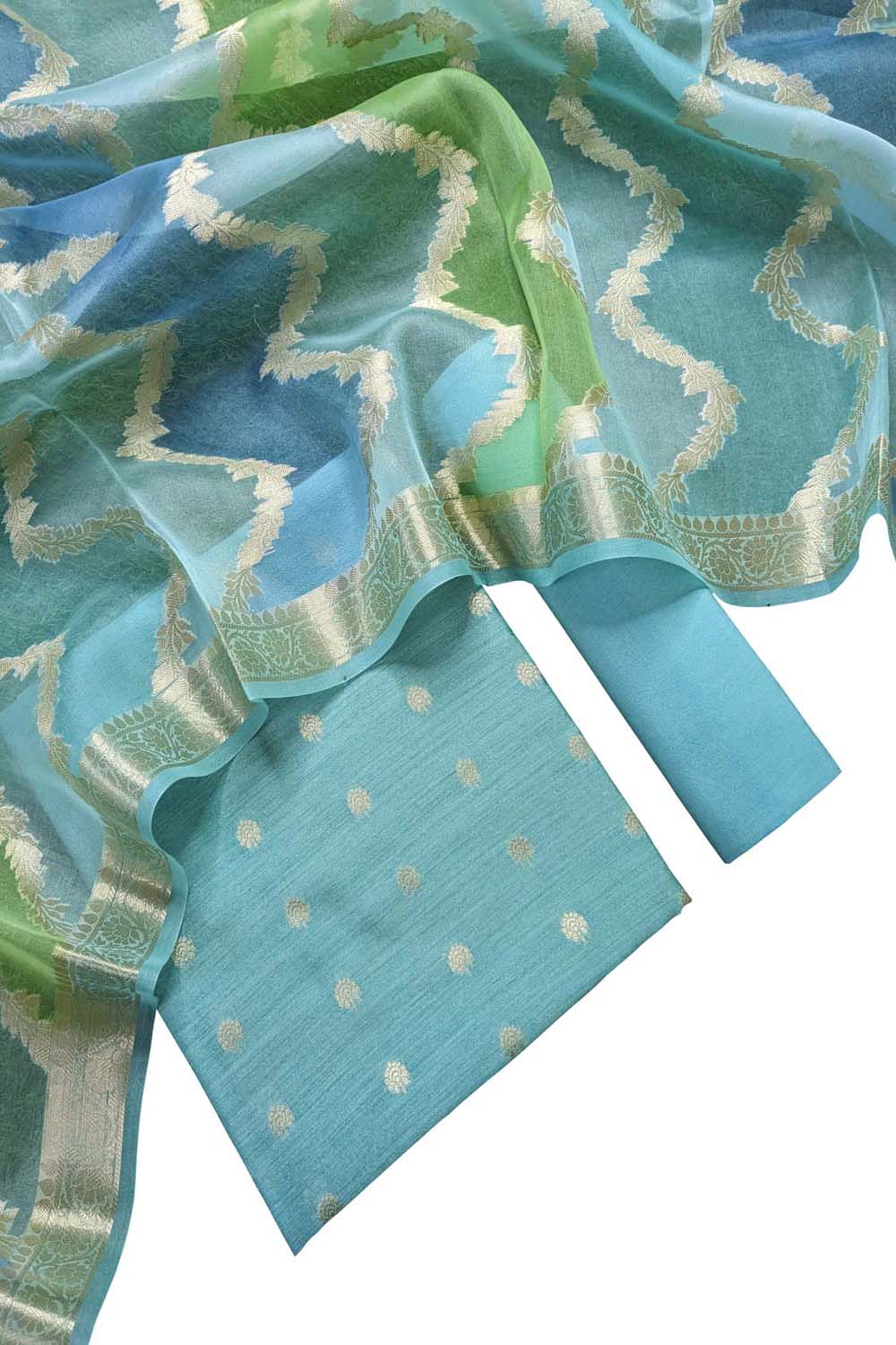 Blue Banarasi Moonga Silk Suit Set with Organza Dupatta - Luxurion World