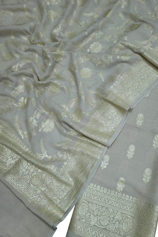 Exquisite Dyeable Banarasi Handloom Pure Moonga Silk Three Piece Unstitched Suit Set - Luxurion World