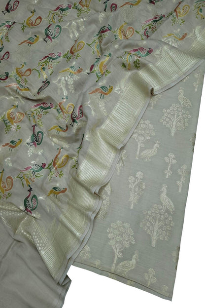 Dyeable Banarasi Hand Painted Pure Moonga Silk Three Piece Unstitched Suit Set - Luxurion World