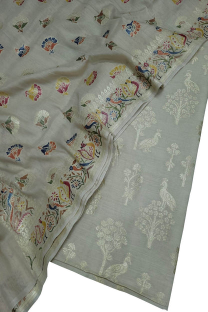 Dyeable Banarasi Hand Painted Pure Moonga Silk Three Piece Unstitched Suit Set - Luxurion World