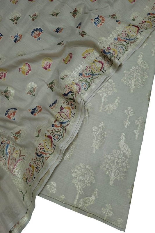 Dyeable Banarasi Hand Painted Pure Moonga Silk Three Piece Unstitched Suit Set - Luxurion World