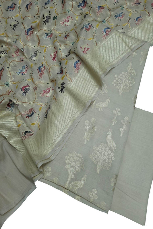 Dyeable Banarasi Hand Painted Pure Moonga Silk Three Piece Unstitched Suit Set - Luxurion World