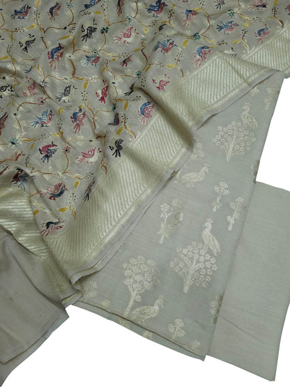 Dyeable Banarasi Hand Painted Pure Moonga Silk Three Piece Unstitched Suit Set - Luxurion World