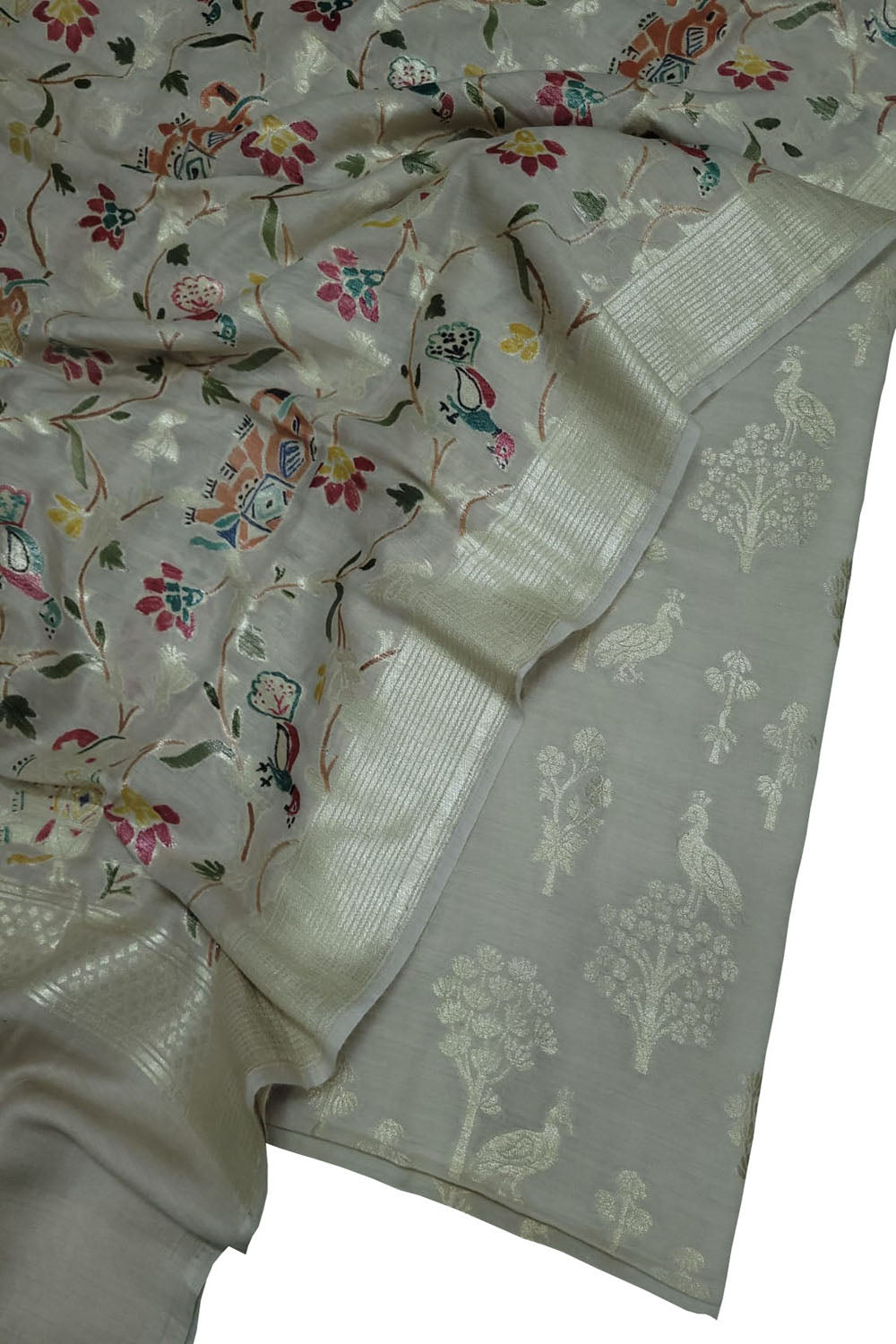 Dyeable Banarasi Hand Painted Pure Moonga Silk Three Piece Unstitched Suit Set - Luxurion World