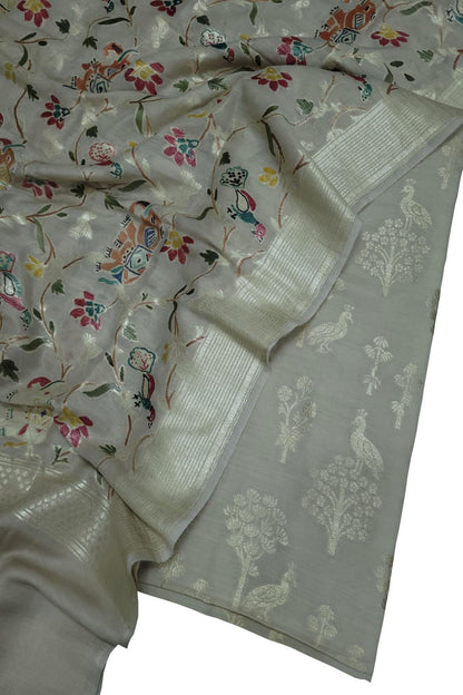 Dyeable Banarasi Hand Painted Pure Moonga Silk Three Piece Unstitched Suit Set - Luxurion World