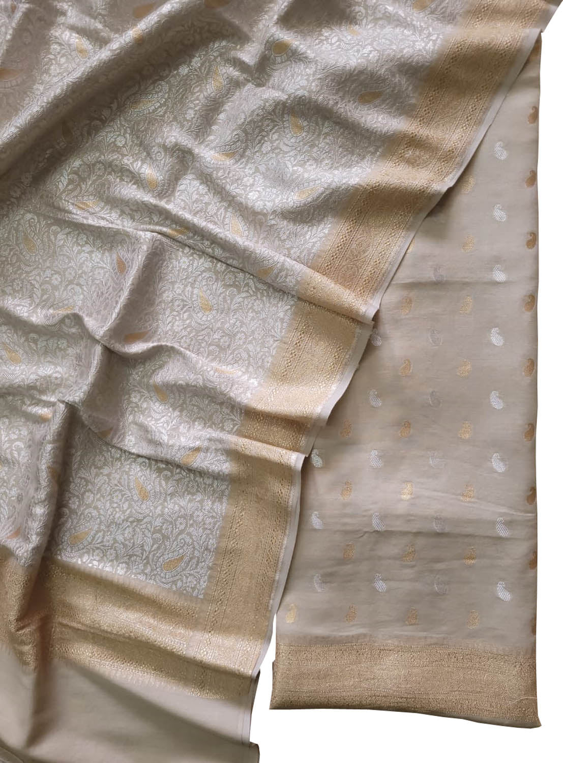 Dyeable Banarasi Pure Moonga Silk Golden Silver Zari Unstitched Three Piece Suit Set - Luxurion World