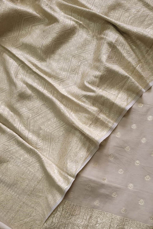 Dyeable Banarasi Pure Moonga Silk Golden Silver Zari Unstitched Three Piece Suit Set - Luxurion World