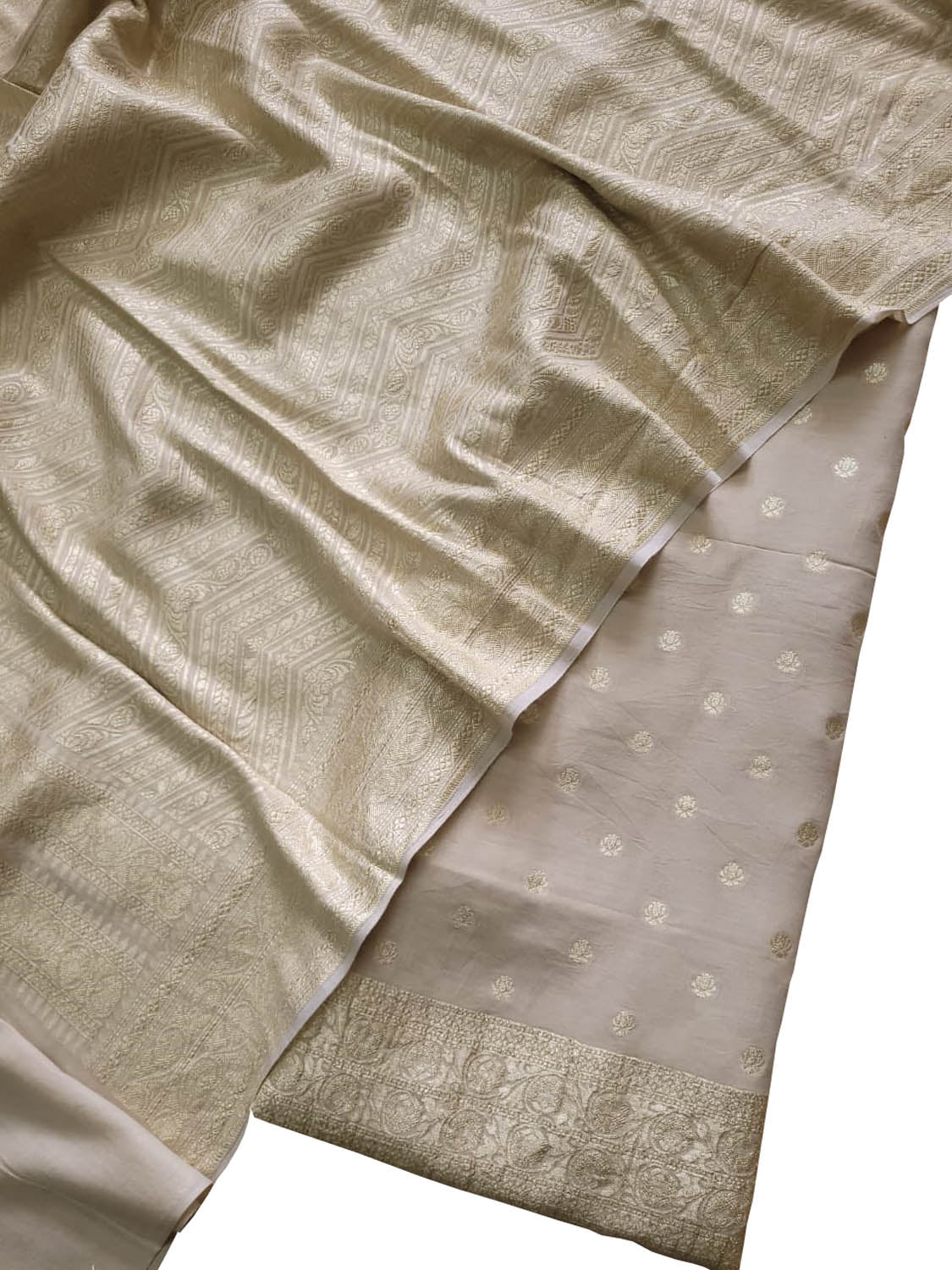 Dyeable Banarasi Pure Moonga Silk Golden Silver Zari Unstitched Three Piece Suit Set - Luxurion World