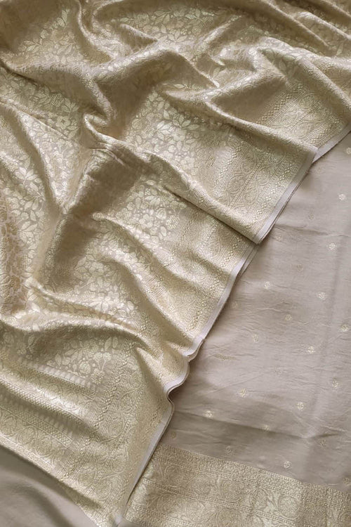 Dyeable Banarasi Pure Moonga Silk Golden Silver Zari Unstitched Three Piece Suit Set - Luxurion World