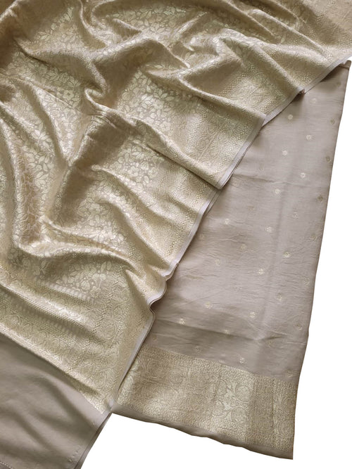 Dyeable Banarasi Pure Moonga Silk Golden Silver Zari Unstitched Three Piece Suit Set - Luxurion World
