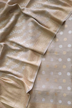 Dyeable Banarasi Pure Moonga Silk Golden Silver Zari Unstitched Three Piece Suit Set - Luxurion World