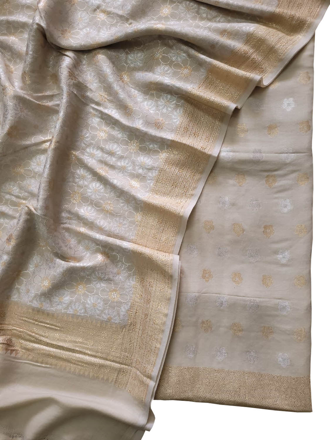 Dyeable Banarasi Pure Moonga Silk Golden Silver Zari Unstitched Three Piece Suit Set - Luxurion World