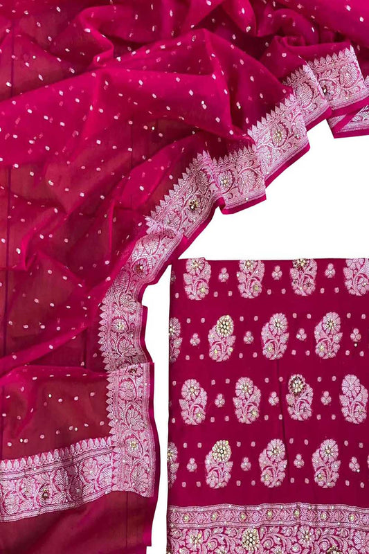 Elegant Pink Banarasi Chiffon Suit Set with Zardozi Work - Luxurion World
