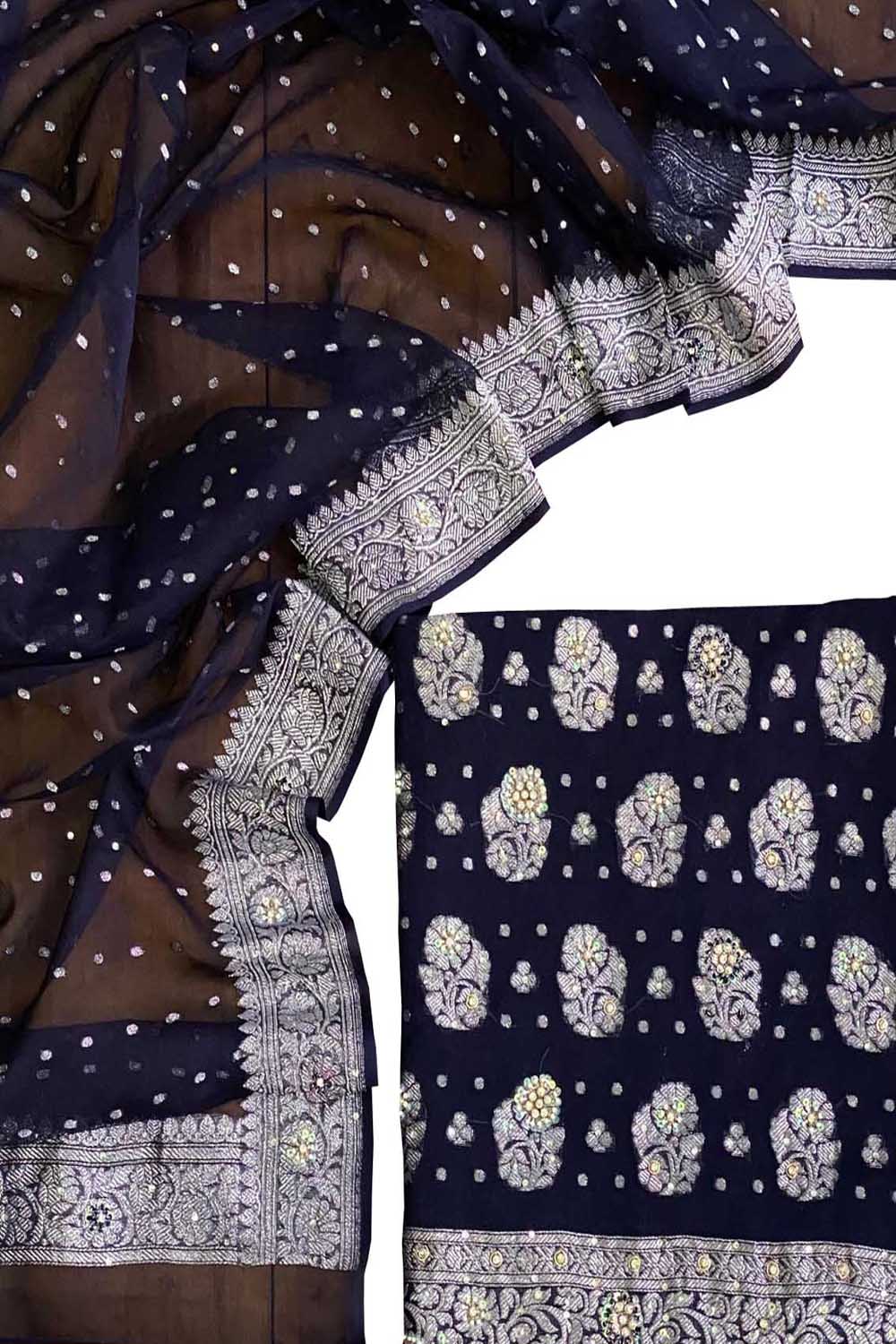 Elegant Blue Banarasi Chiffon Suit Set with Zardozi Work - Luxurion World