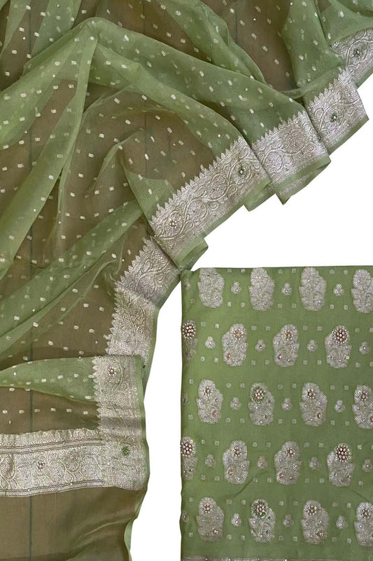 Green Banarasi Chiffon Suit Set with Zardozi Work