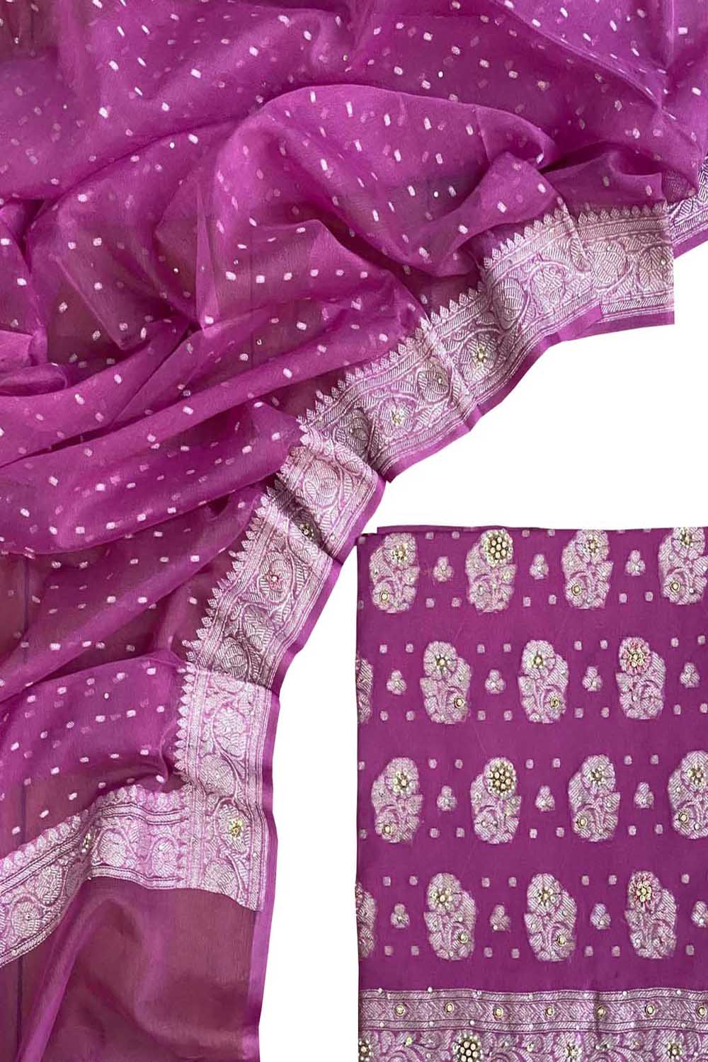 Elegant Pink Banarasi Chiffon Suit Set with Zardozi Work - Luxurion World