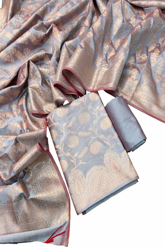 Elegant Grey Banarasi Silk Suit Set - Luxurion World