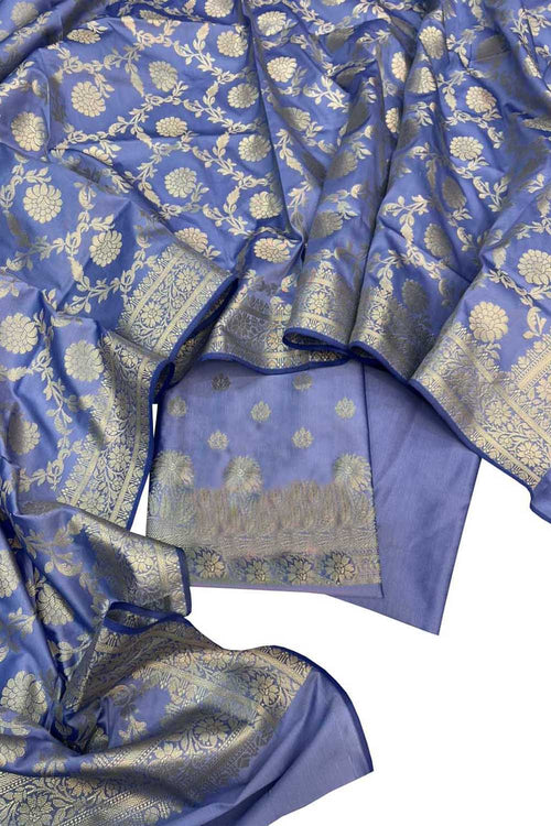 Blue Banarasi Soft Silk Three Piece Unstitched Suit Set - Luxurion World