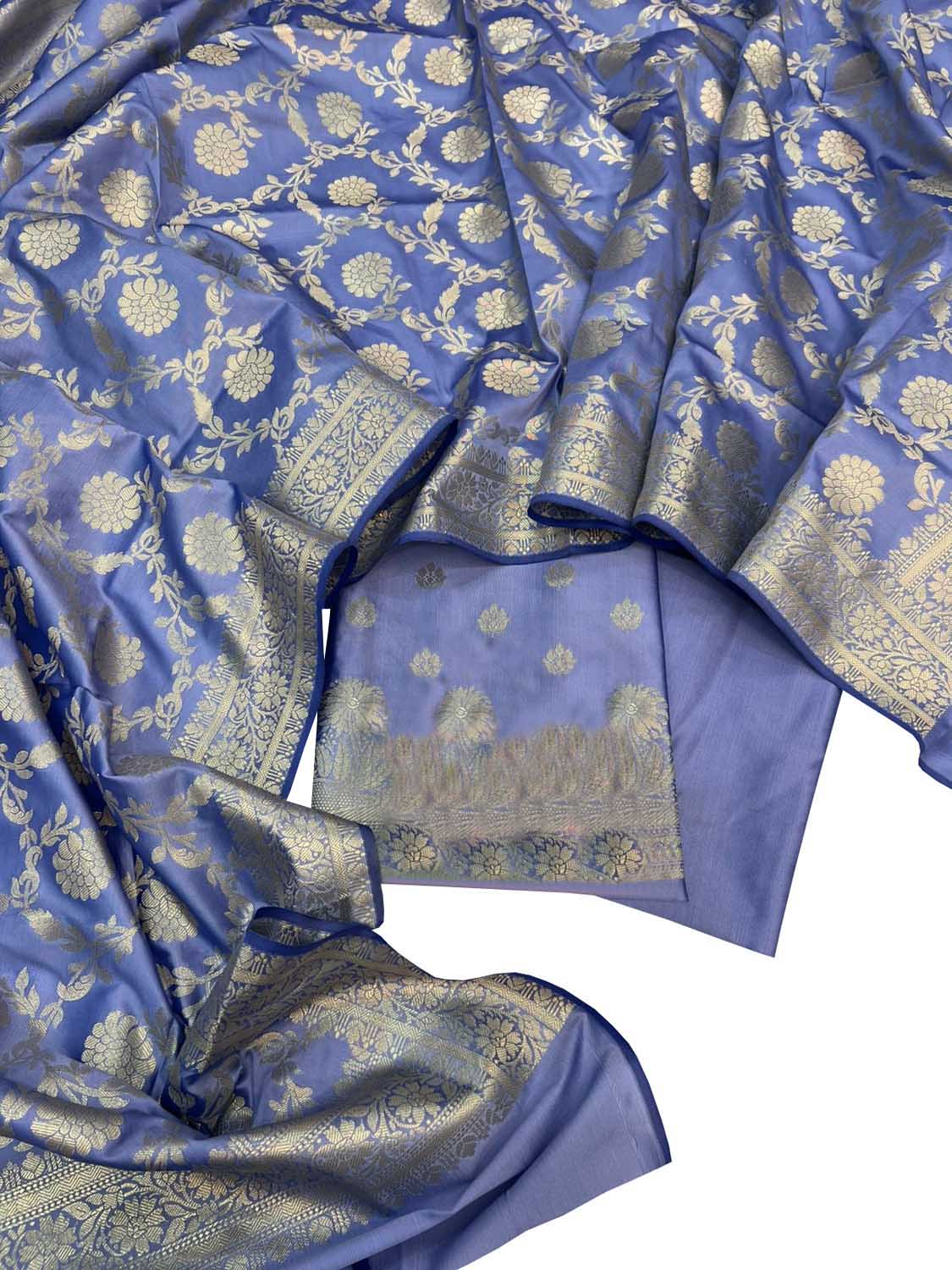 Blue Banarasi Soft Silk Three Piece Unstitched Suit Set - Luxurion World