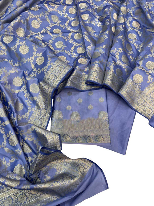 Blue Banarasi Soft Silk Three Piece Unstitched Suit Set - Luxurion World