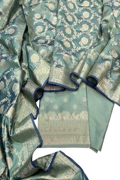 Green Banarasi Soft Silk Three Piece Unstitched Suit Set - Luxurion World