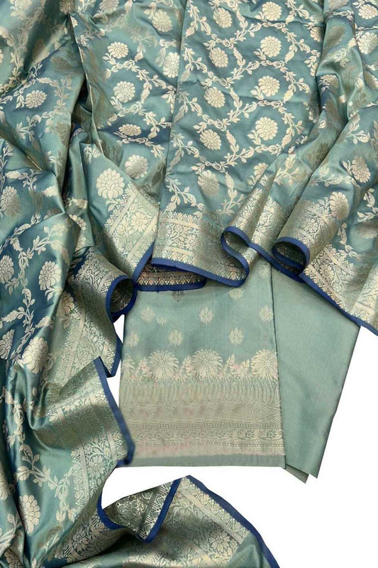 Green Banarasi Soft Silk Three Piece Unstitched Suit Set