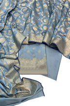 Blue Banarasi Soft Silk Three Piece Unstitched Suit Set - Luxurion World