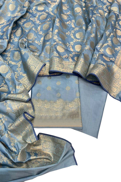 Blue Banarasi Soft Silk Three Piece Unstitched Suit Set - Luxurion World