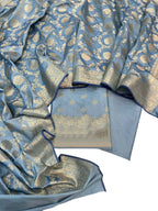 Blue Banarasi Soft Silk Three Piece Unstitched Suit Set - Luxurion World