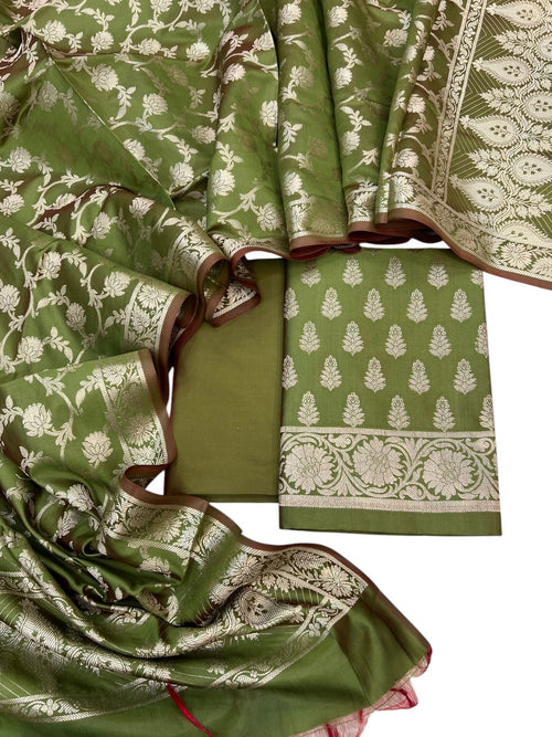 Elegant Green Banarasi Soft Silk Three Piece Unstitched Suit Set - Luxurion World