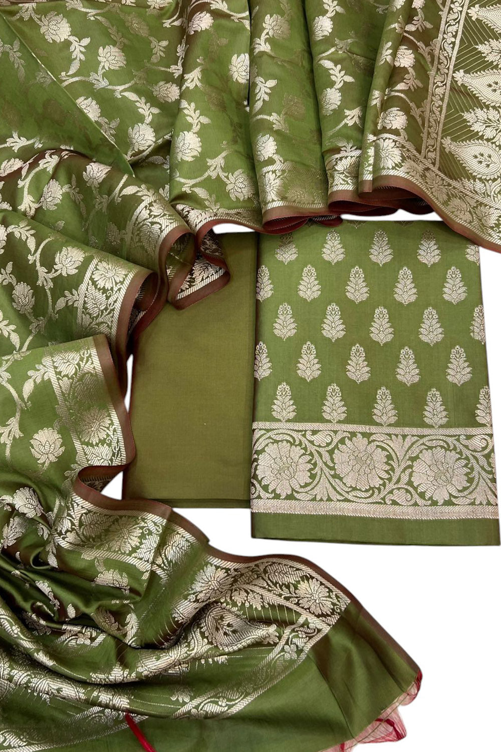 Elegant Green Banarasi Soft Silk Three Piece Unstitched Suit Set - Luxurion World