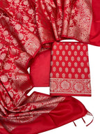 Pretty in Red: Banarasi Soft Silk Three Piece Unstitched Suit Set - Luxurion World