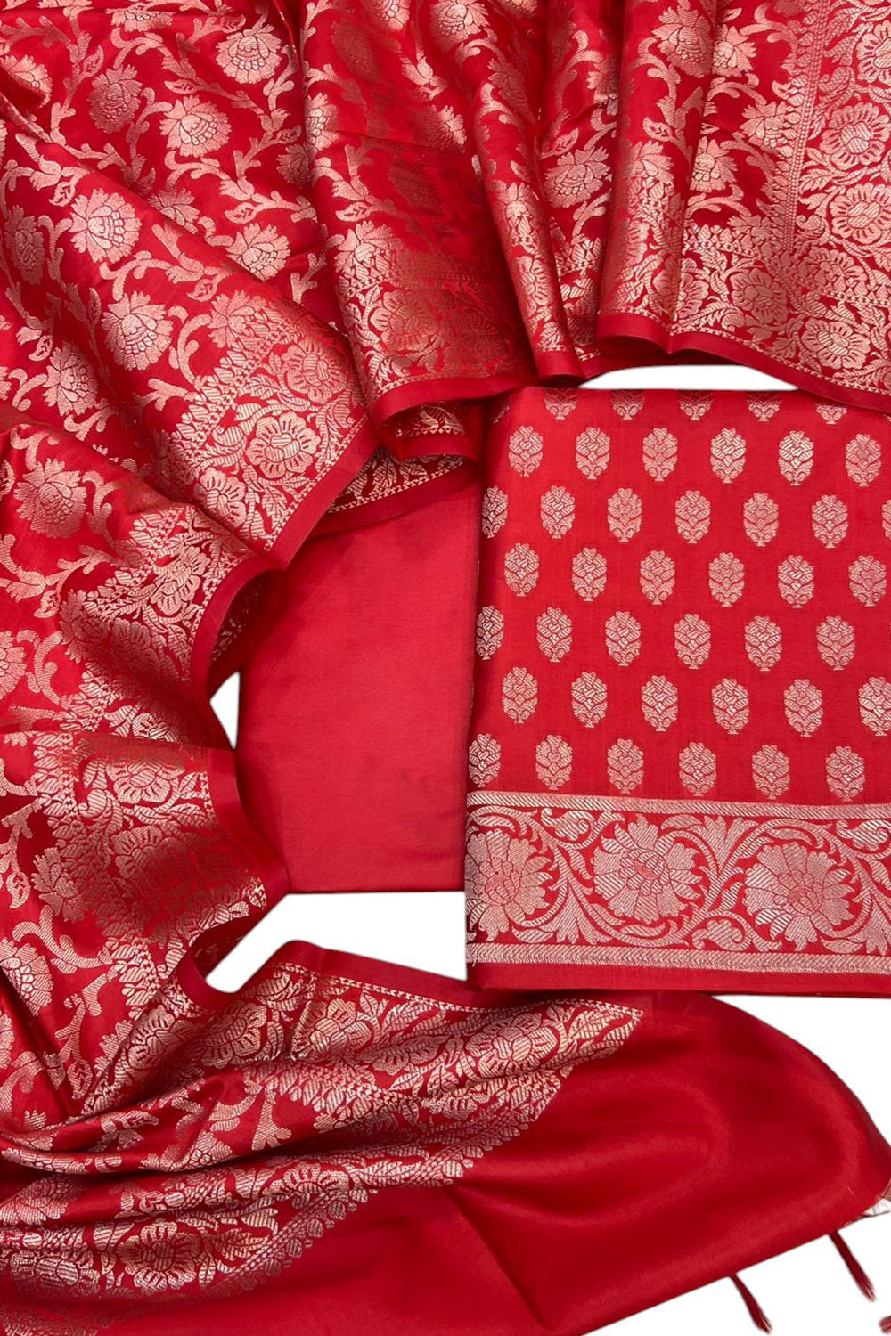 Pretty in Red: Banarasi Soft Silk Three Piece Unstitched Suit Set - Luxurion World